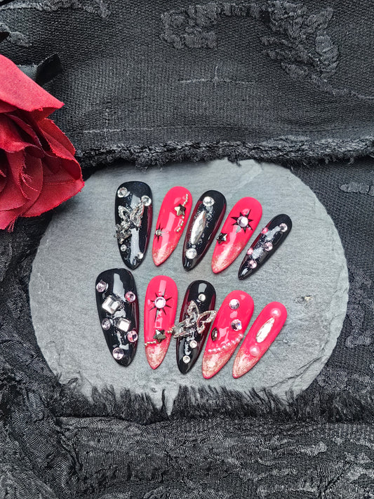 Crystal Stiletto Fake Nails, Custom Press on Nails, Black and Red Press on Nails