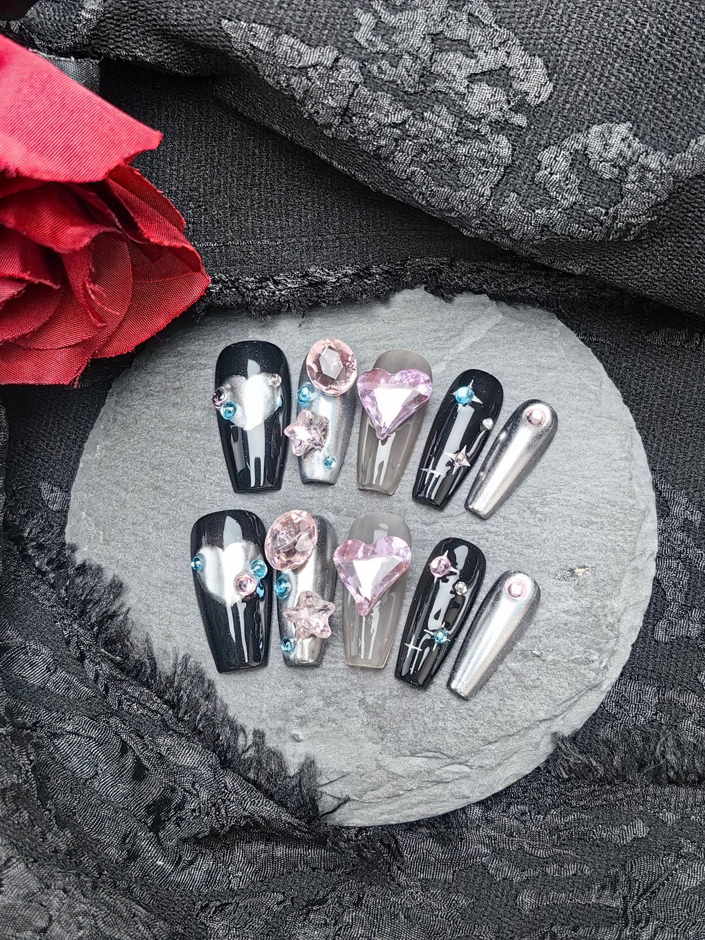 Black Press On Nails with Heart Gem Accents