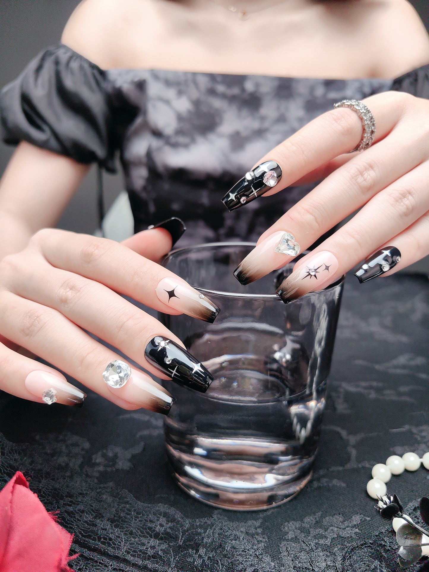 Black Glitter and Diamond Pressed Nails