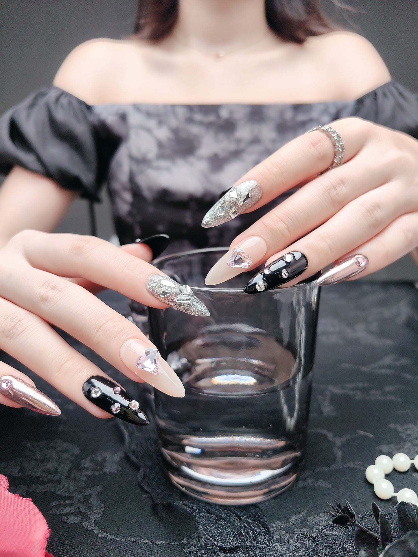 Handmade Nails, Black Glitter Cool Press On Nails