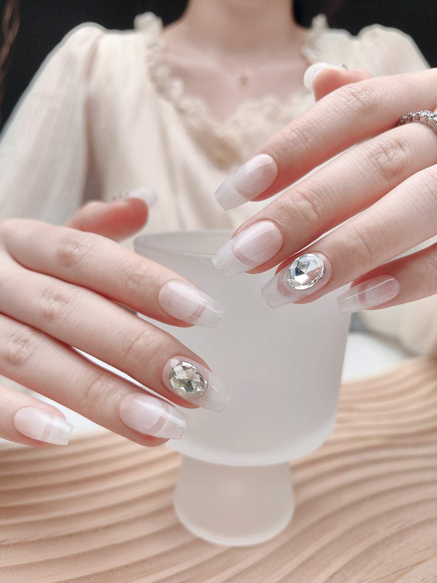 Soft Silver Mirror Chrome Press On Nails with Glitter Rhinestones