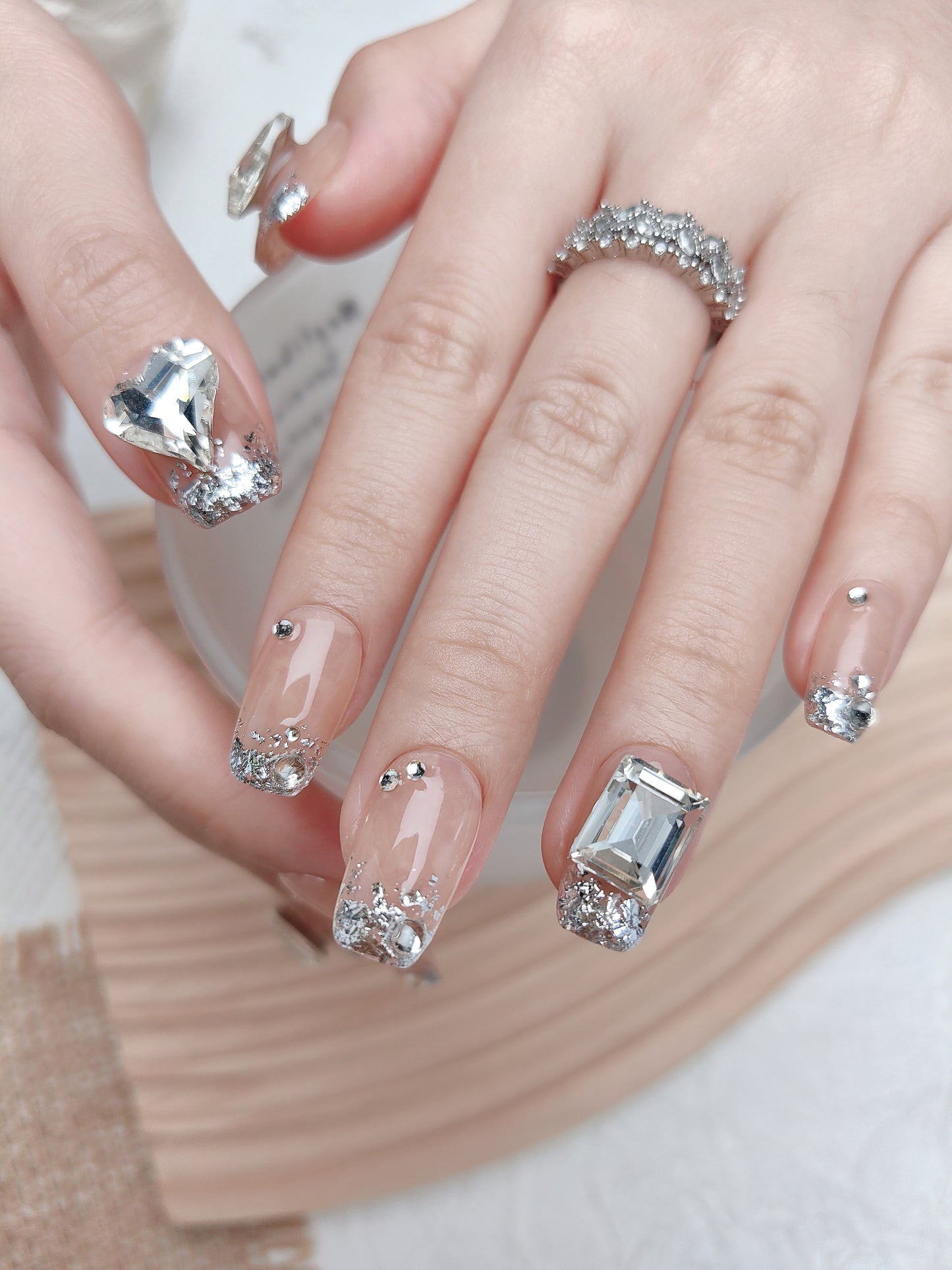 Silver Glitter Rhinestones Press On Nails