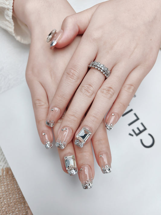 Silver Glitter Rhinestones Press On Nails