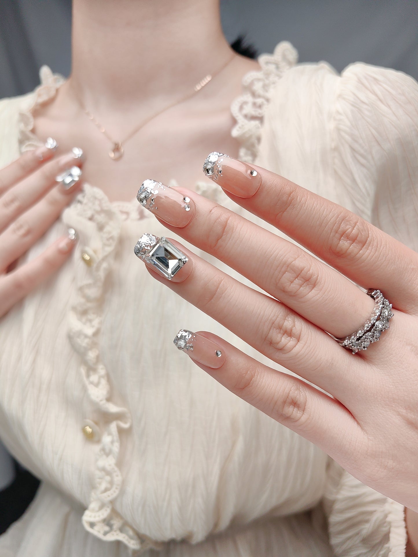 Silver Glitter Rhinestones Press On Nails