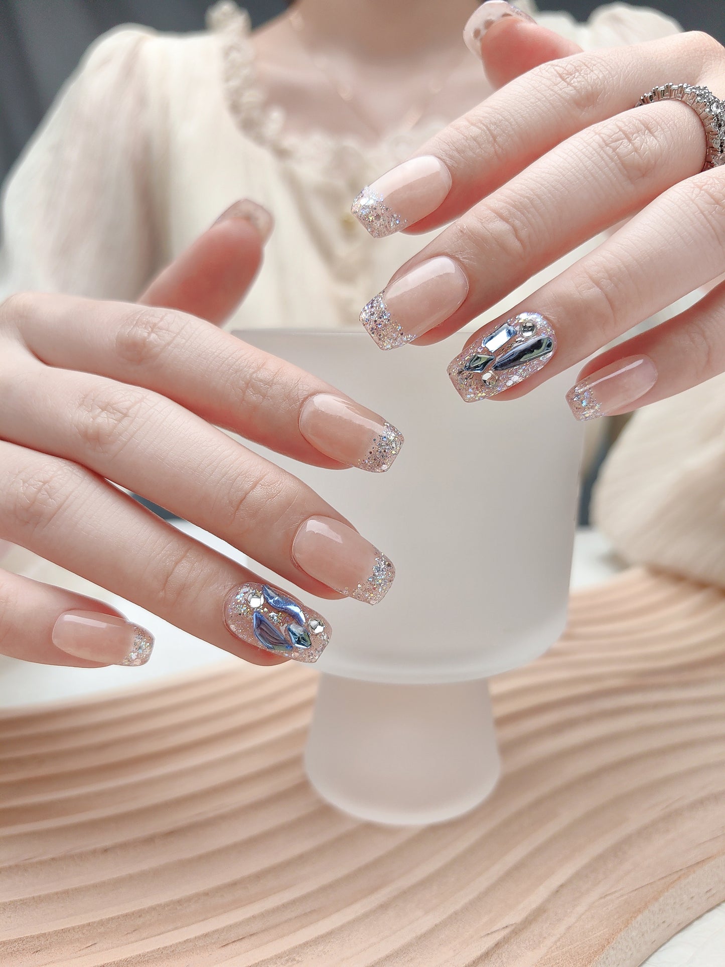 Light Blue Glitter Rhinestones Press On Nails