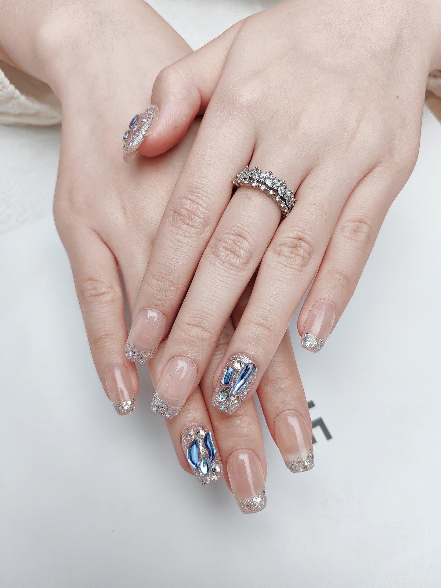 Light Blue Glitter Rhinestones Press On Nails