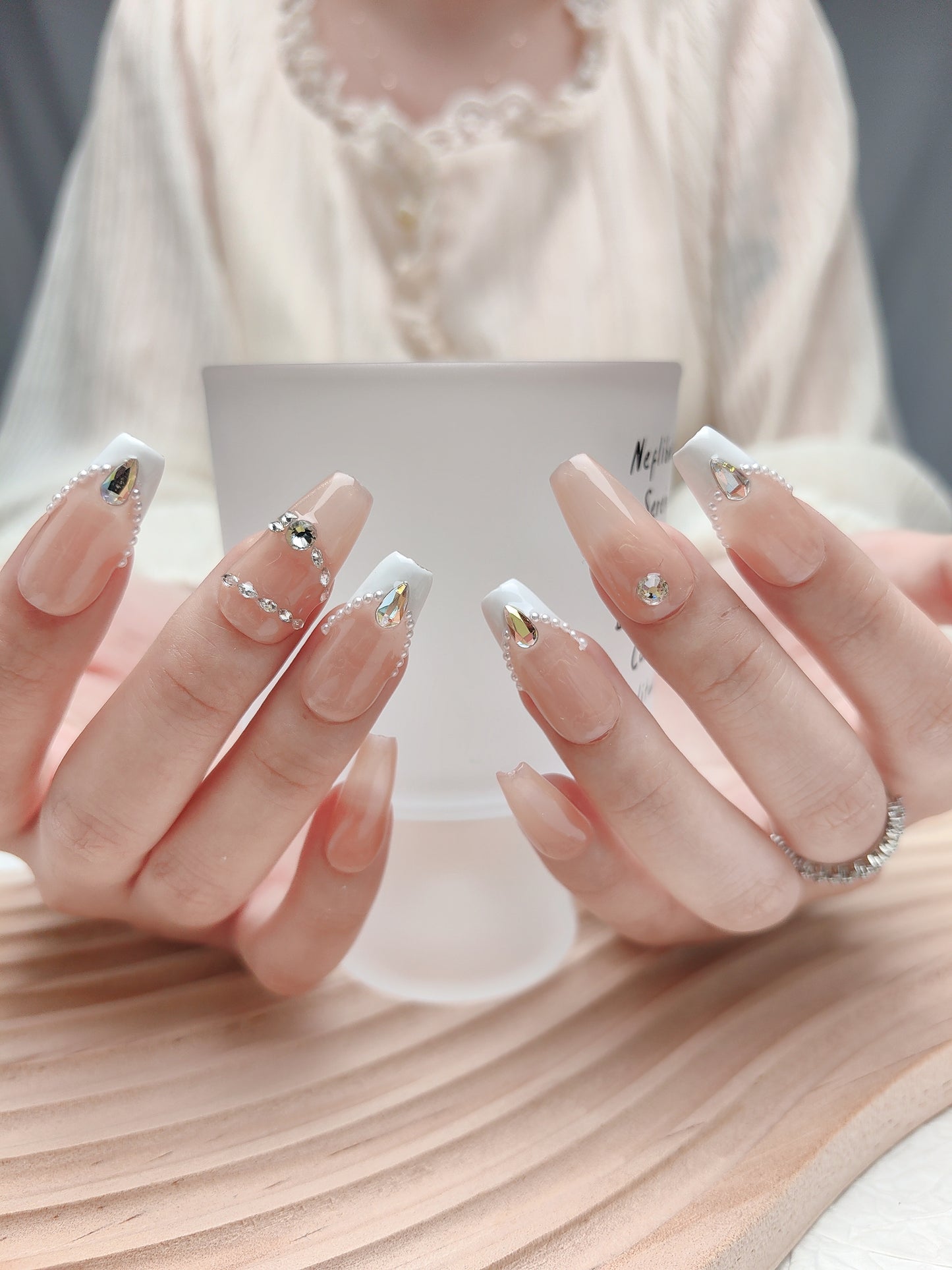 Luxury White French Pearl Press On Nails