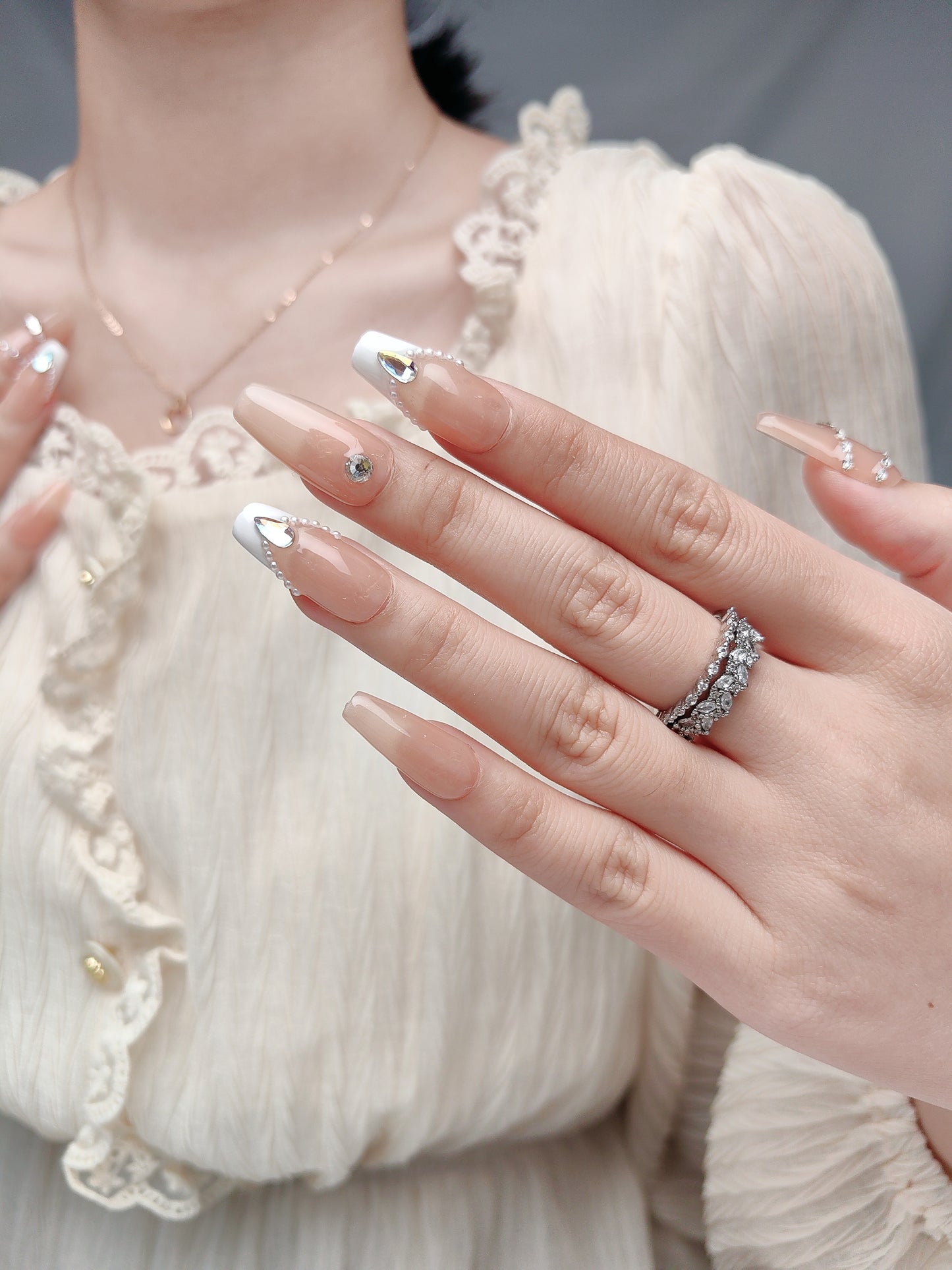 Luxury White French Pearl Press On Nails