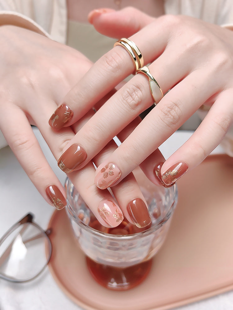 Earthy Color With Gold Press On Nails