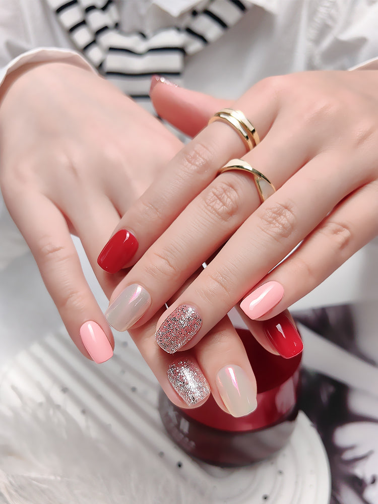 Red and pink press-on nails