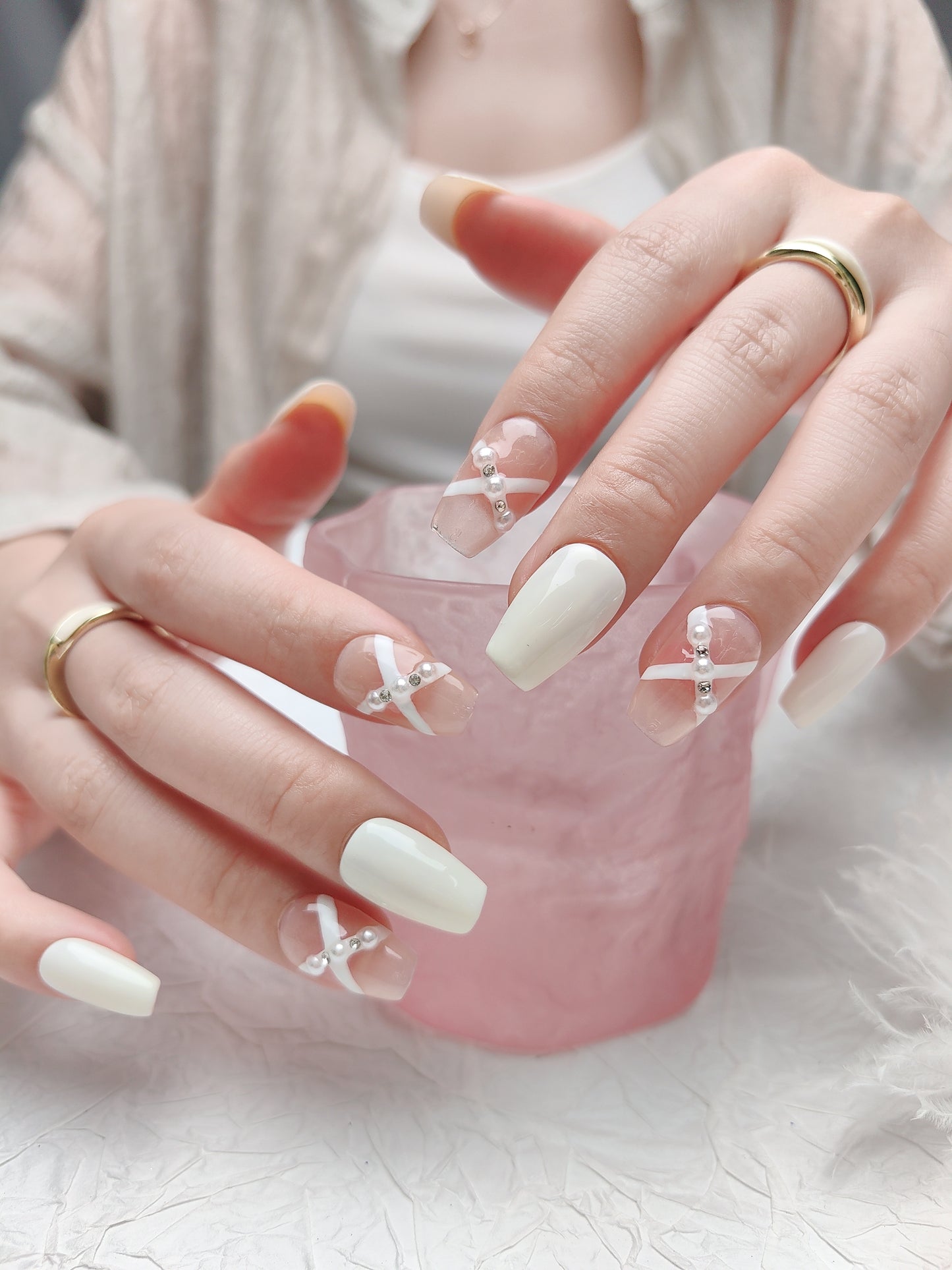 Mixed Color White Nails with Diamonds