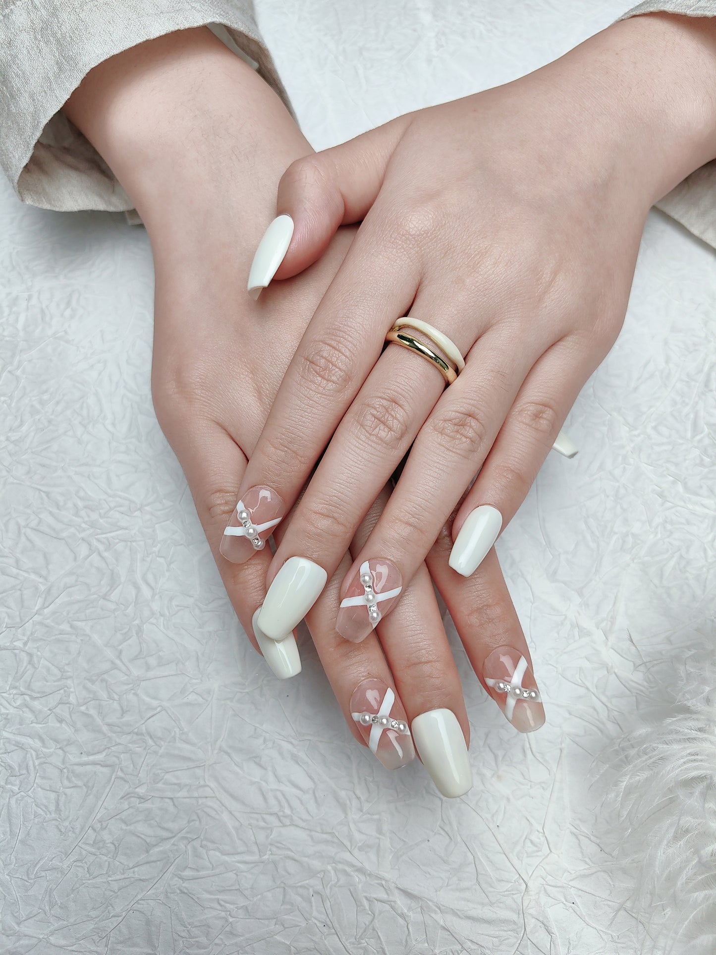 Mixed Color White Nails with Diamonds