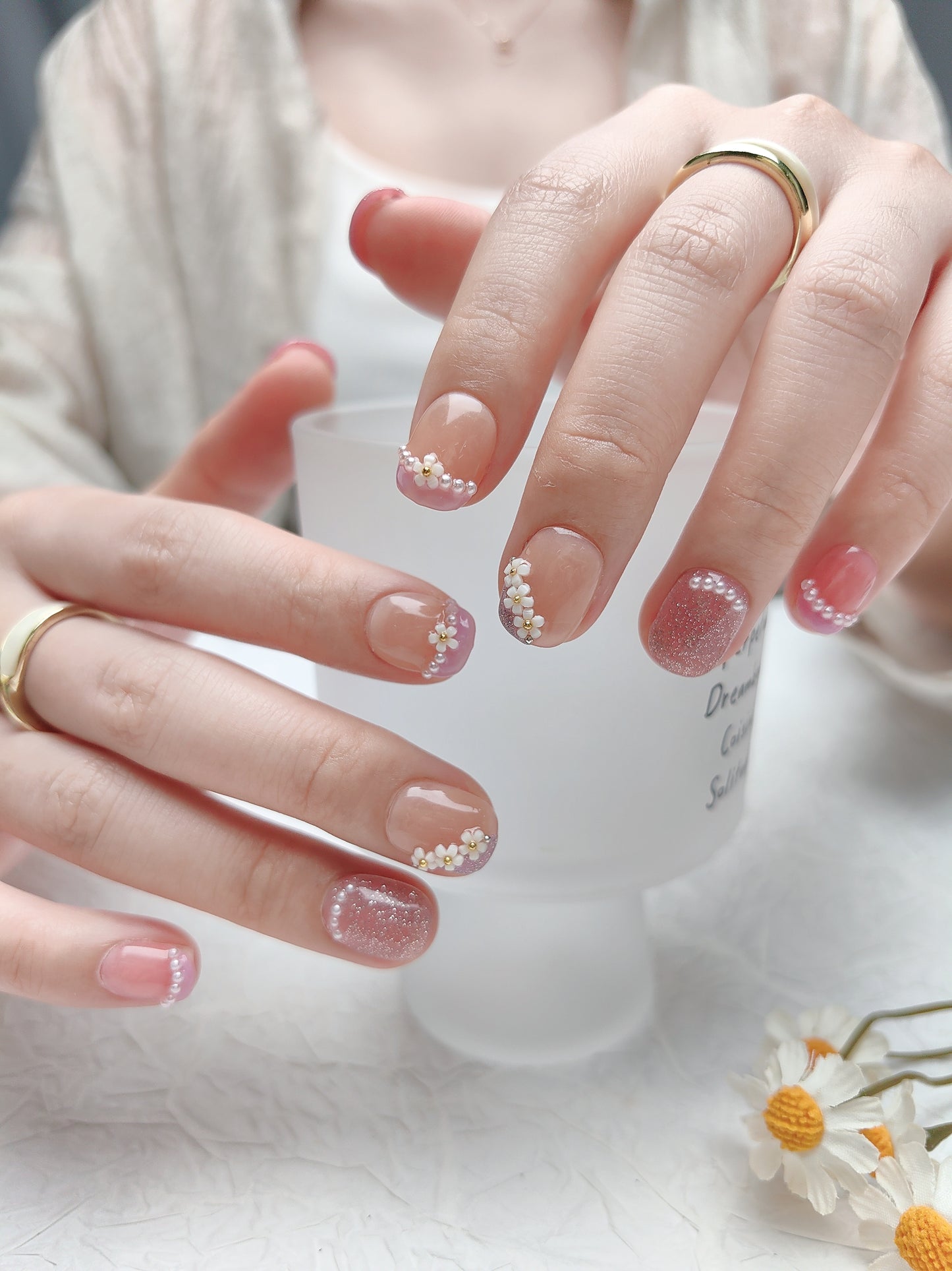 ombre color hand painted nail with Flower